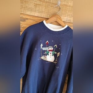 Vintage Morning Sun Navy Snowman Crew Neck Sweater Size Med